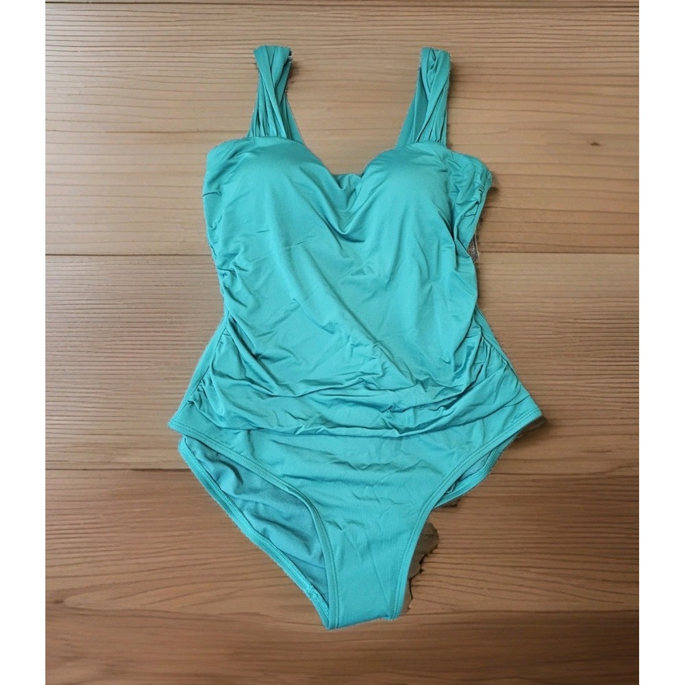 Jantzen Women's Size 14 Glamour Wide Strap One-Piece Swimsuit Teal Blue Green